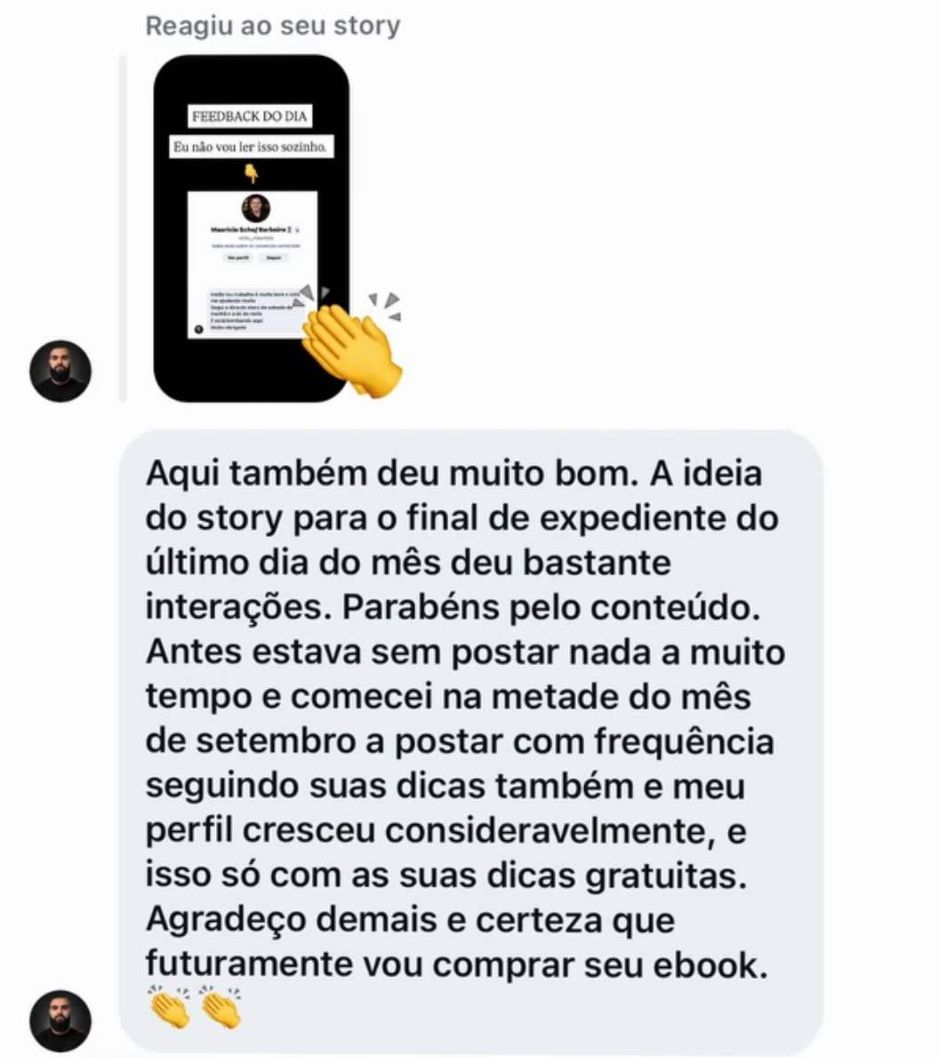 Mensagem sobre crescimento do perfil e mais interações seguindo as dicas de Eudes