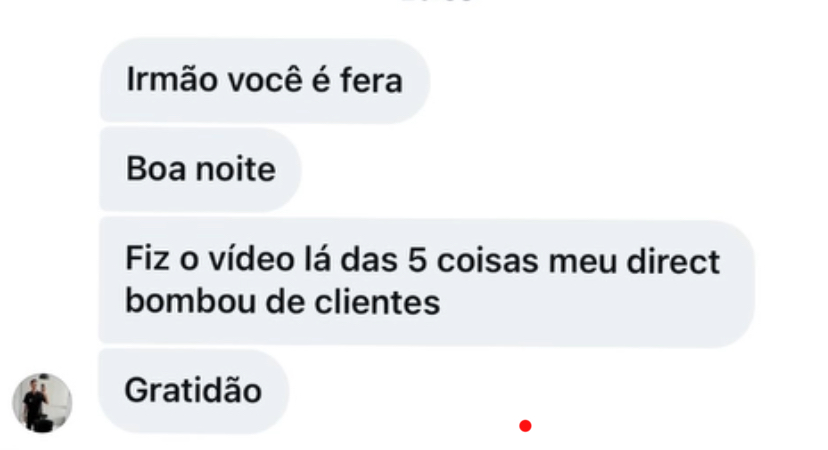 Mensagem agradecendo pelo vídeo das cinco coisas e pelos contatos de clientes no direct